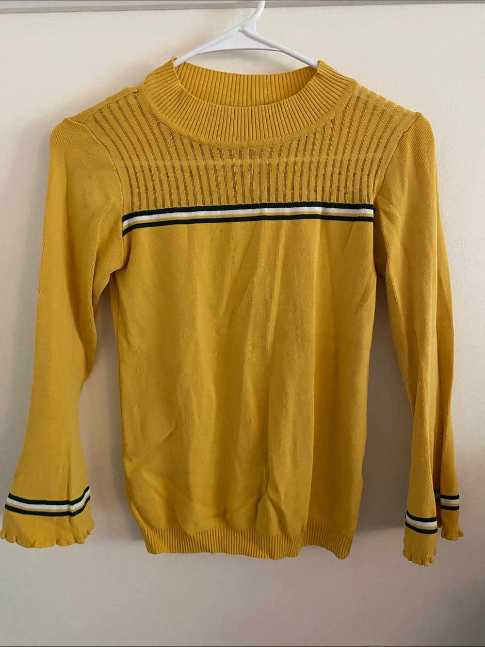 Women's Mustard Long Sleeve Ribbed Yoke Tee with Stripe Detail